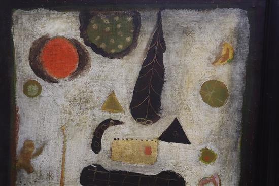 V. Kimil, oil on canvas board, Abstract with leaves and fruit, signed, 48 x 38cm